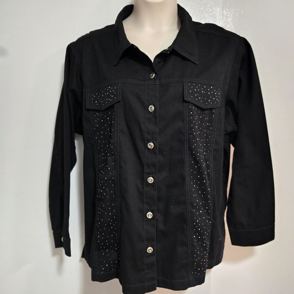 Quacker Factory  Plus Size 2X‎ Black Denim Cotton Jacket Rhinestones Pockets - Picture 1 of 8